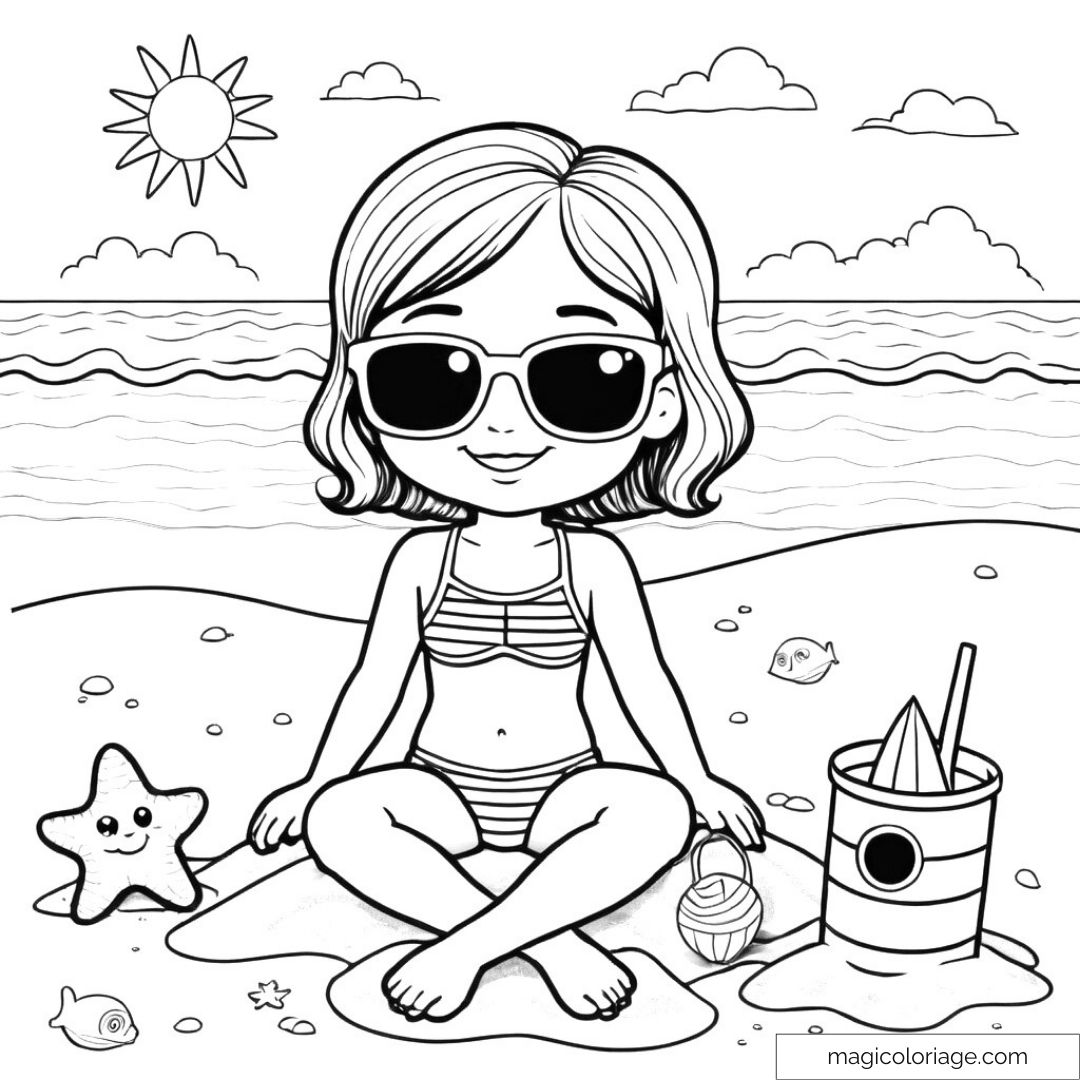 Coloriage plage avec fille