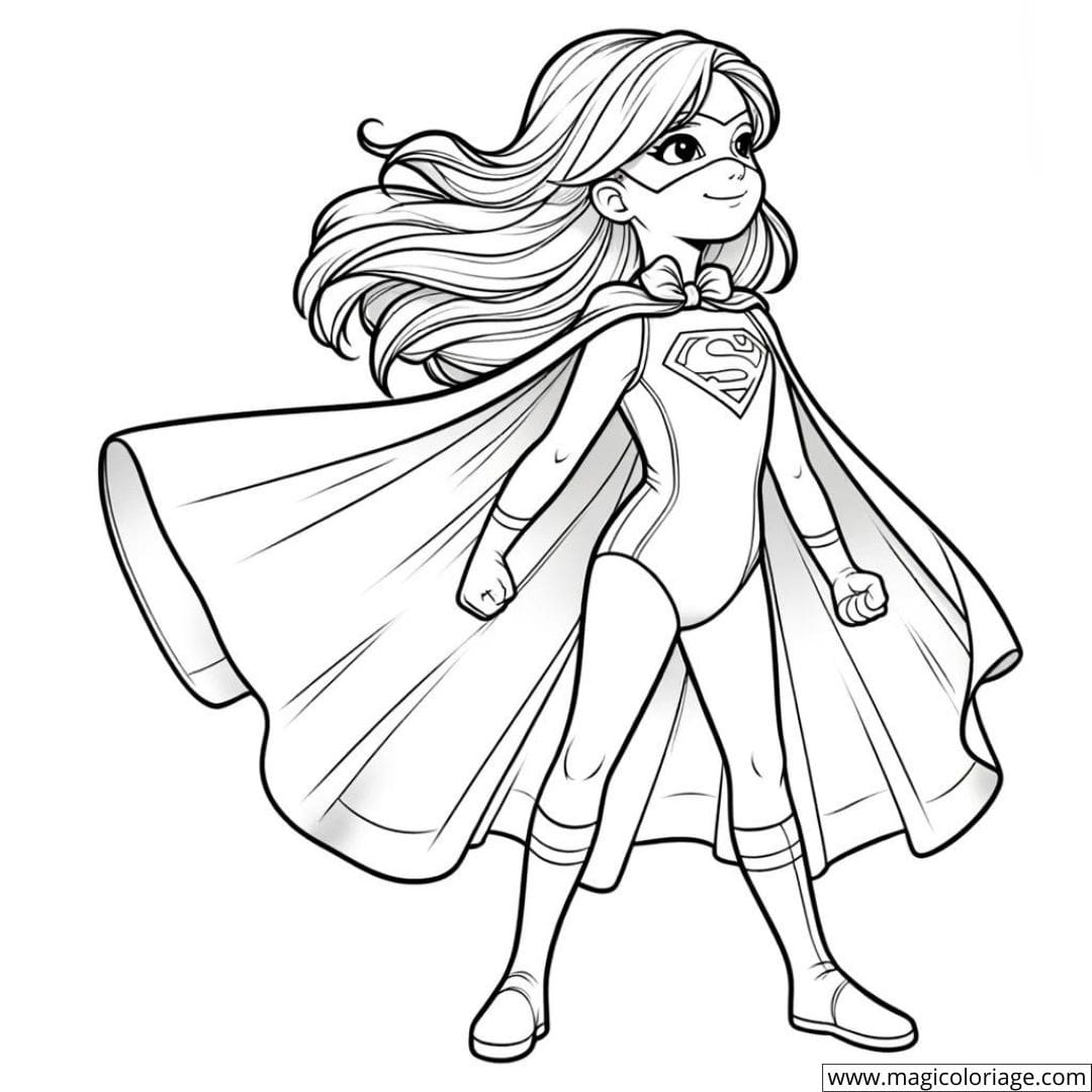 Fille super-héro avec une cape à colorier