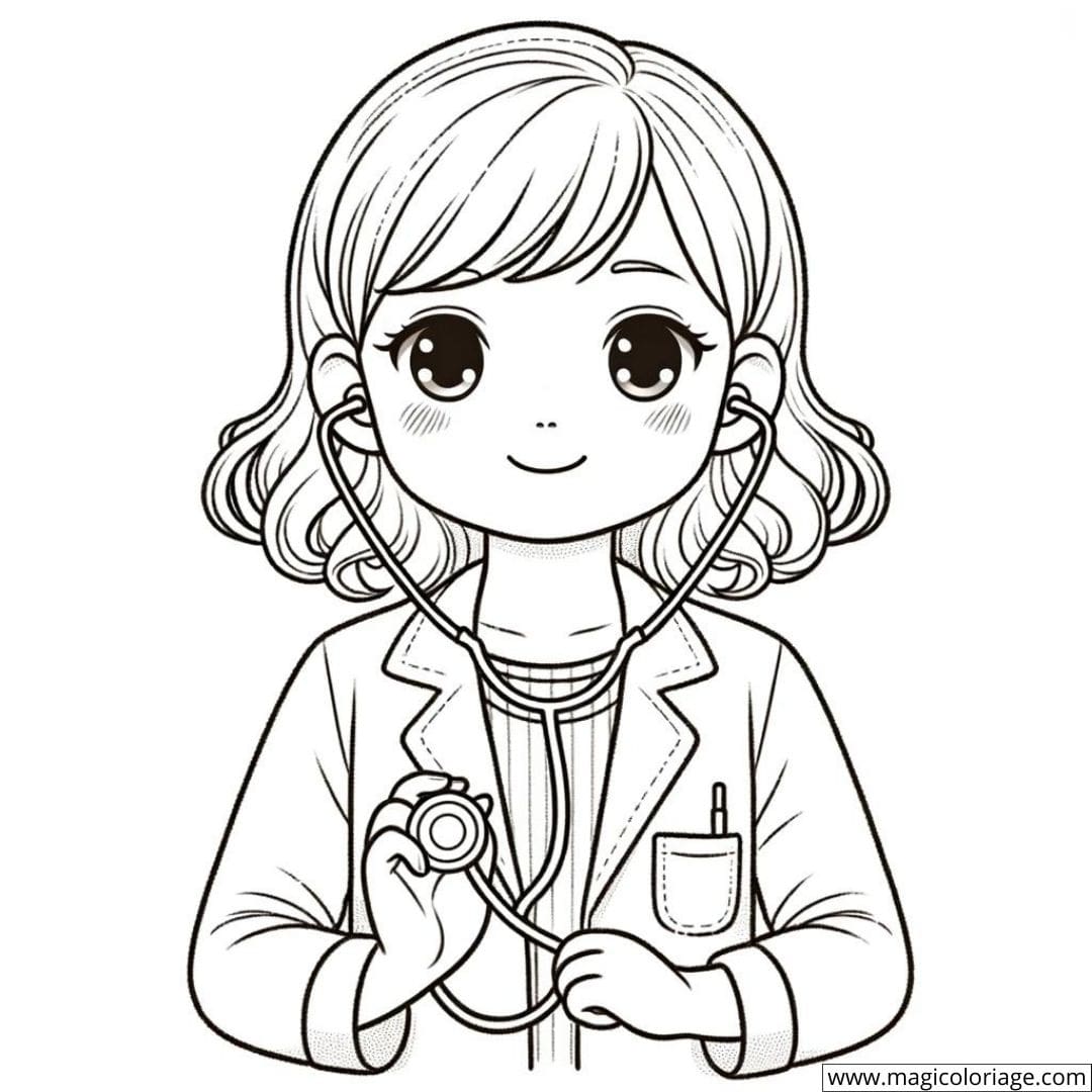 Fille vétérinaire avec un stéthoscope à colorier