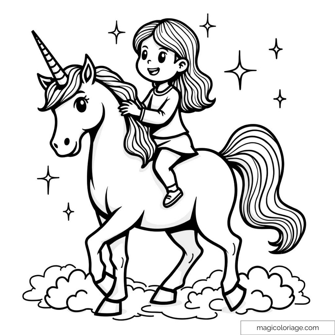 Petite fille souriante chevauchant une licorne sous les étoiles