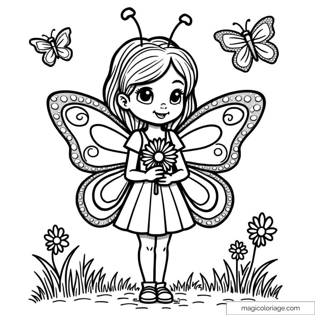 Dessin d'une fillette fée avec des ailes et des papillons.