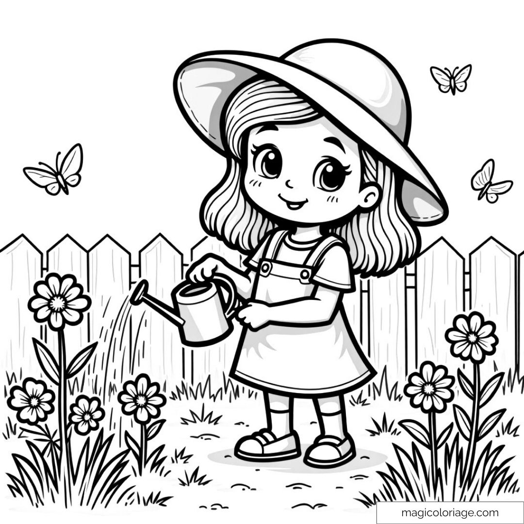 Dessin noir et blanc d'une fille avec arrosoir et fleurs