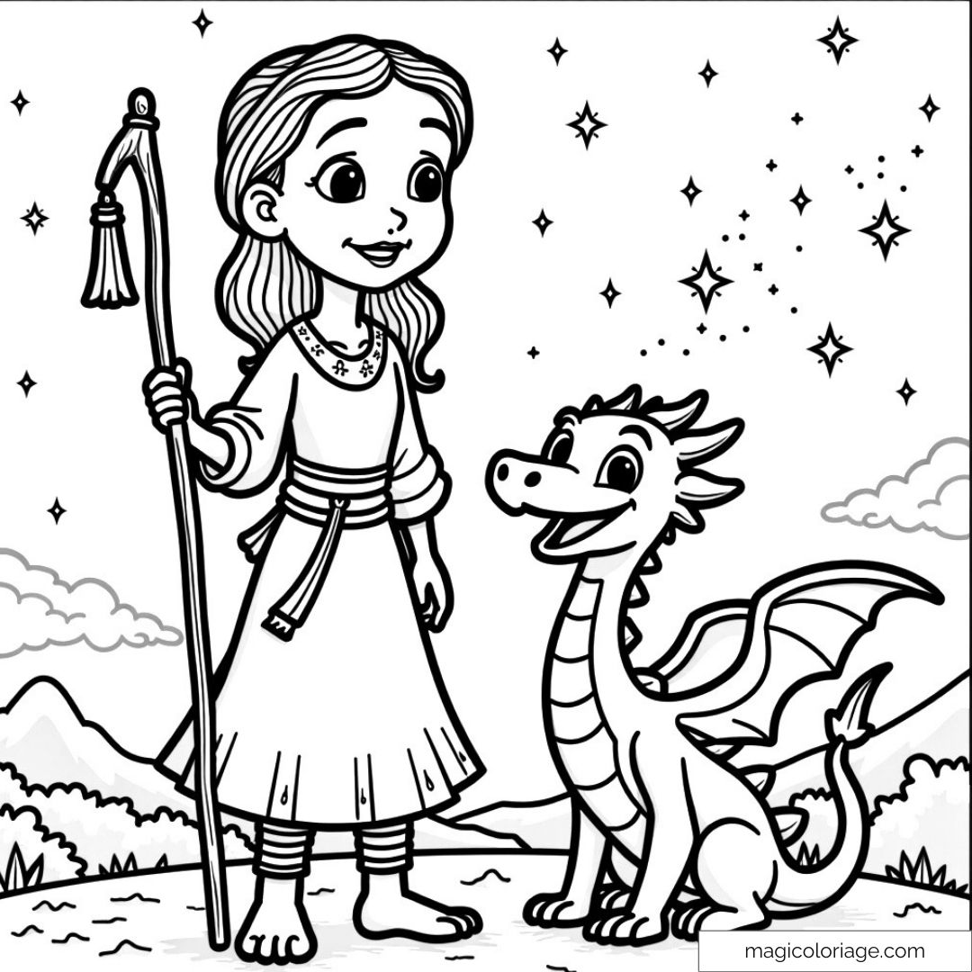 Fille avec un bâton et dragon joyeux