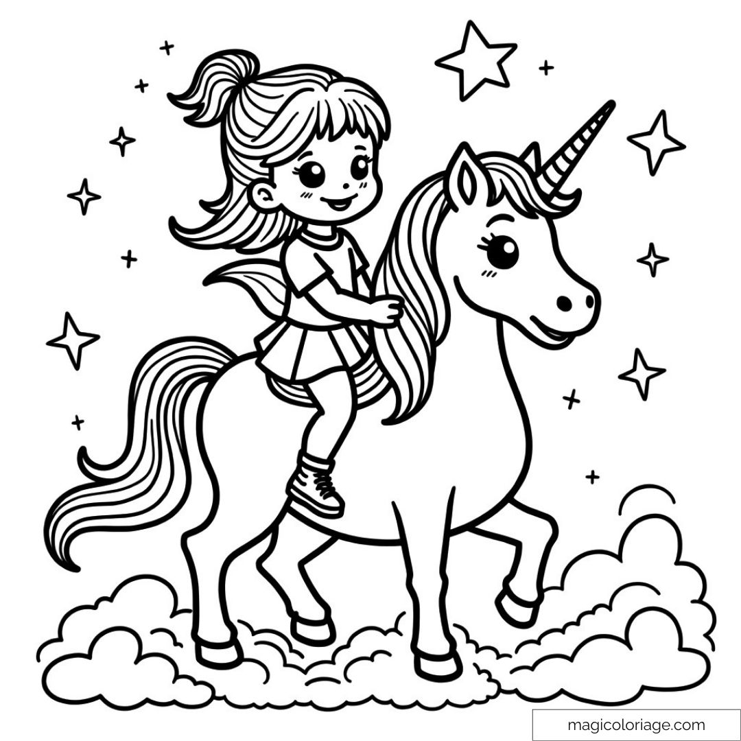Petite fille souriante sur une licorne avec étoiles autour