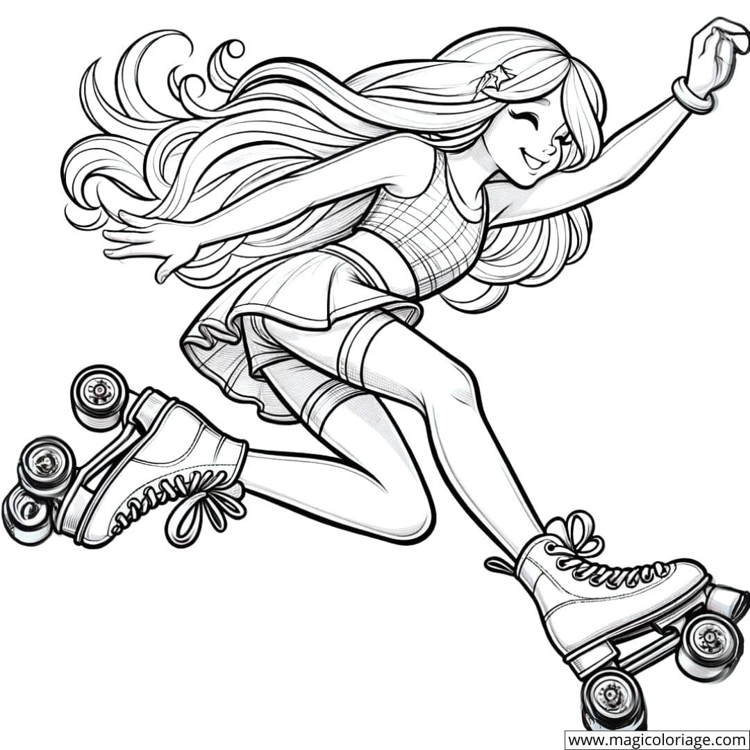 Petite fille faisant du patin à roulettes à colorier