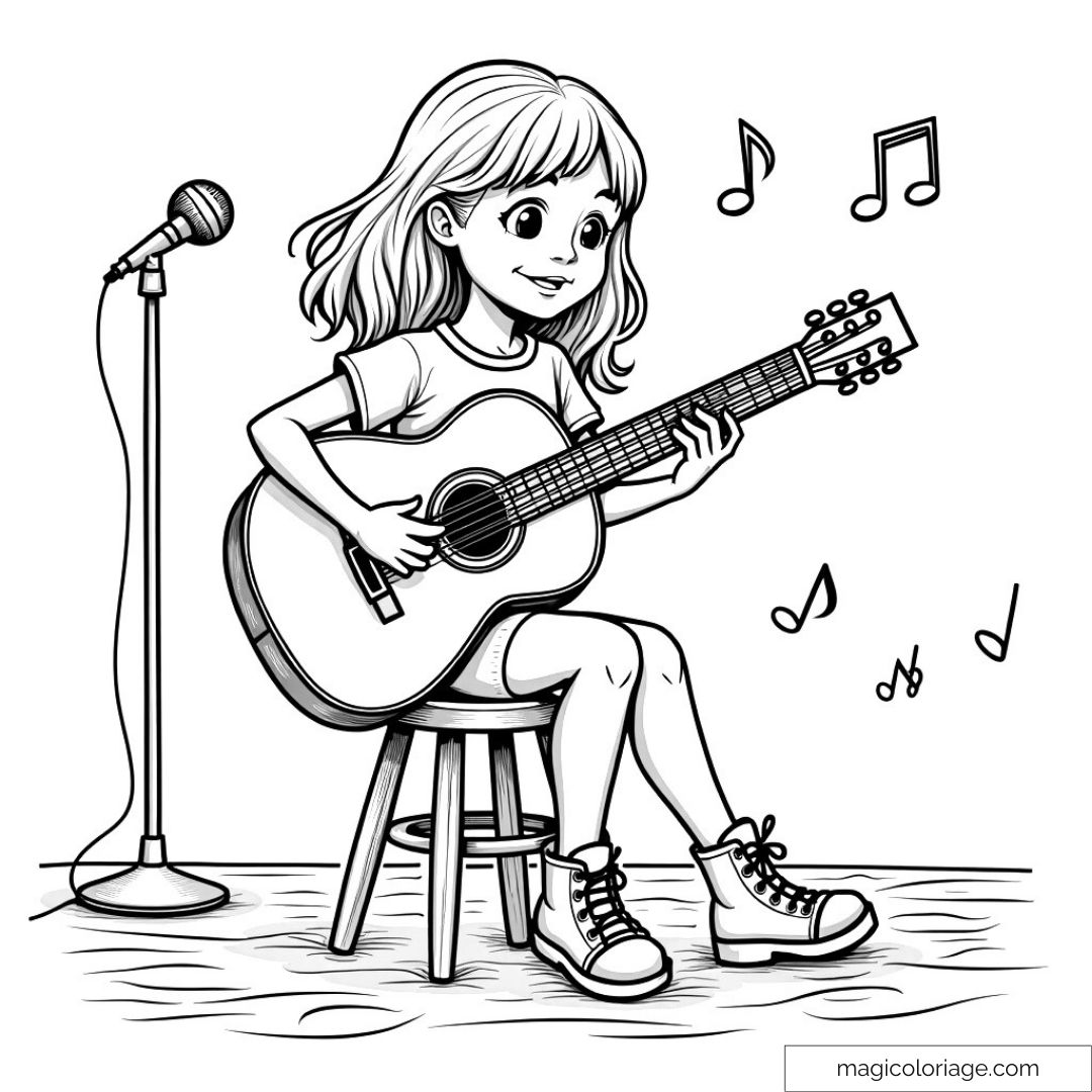 Une fille joue de la guitare assise avec des notes de musique autour.