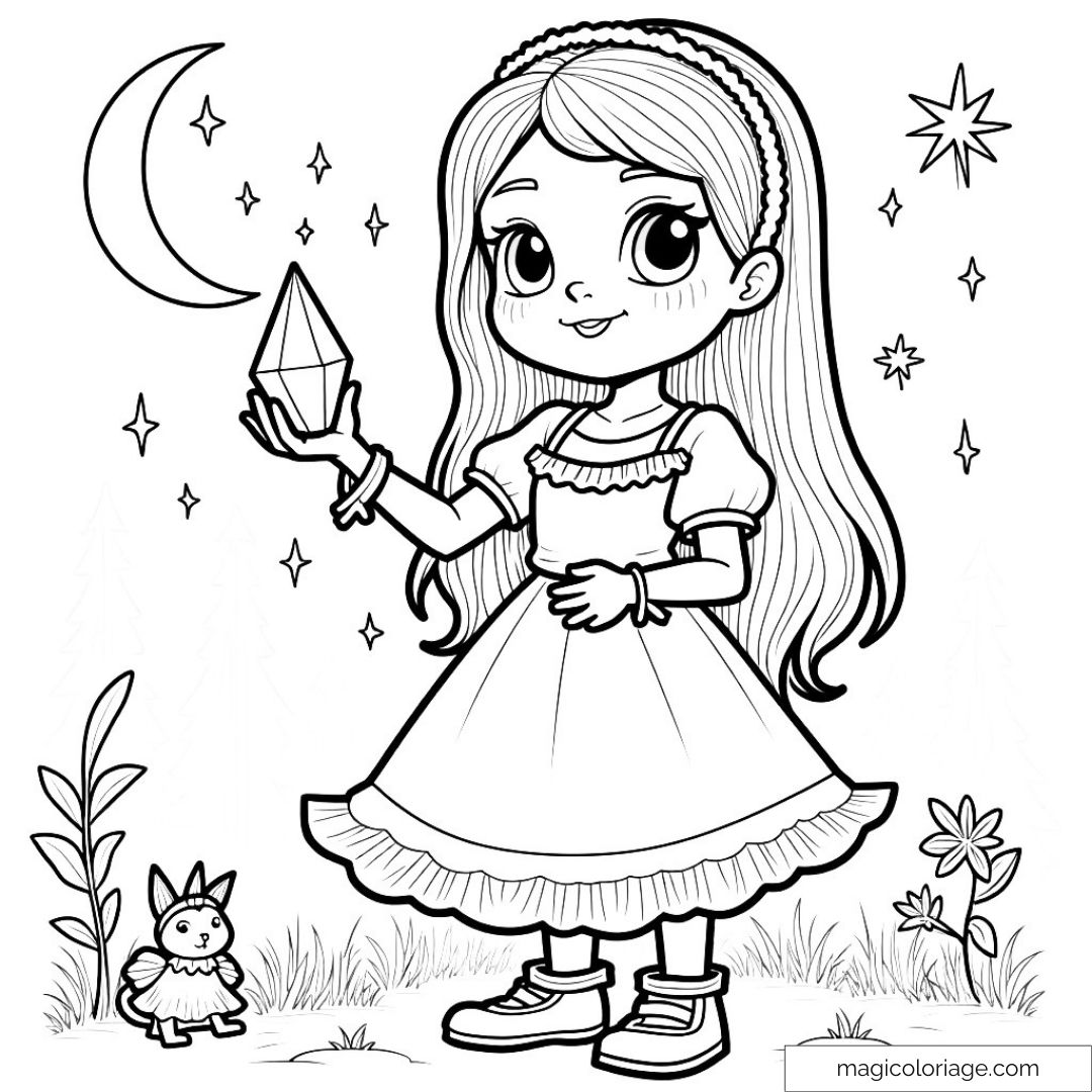 Princesse tenant un cristal sous la lune et les étoiles
