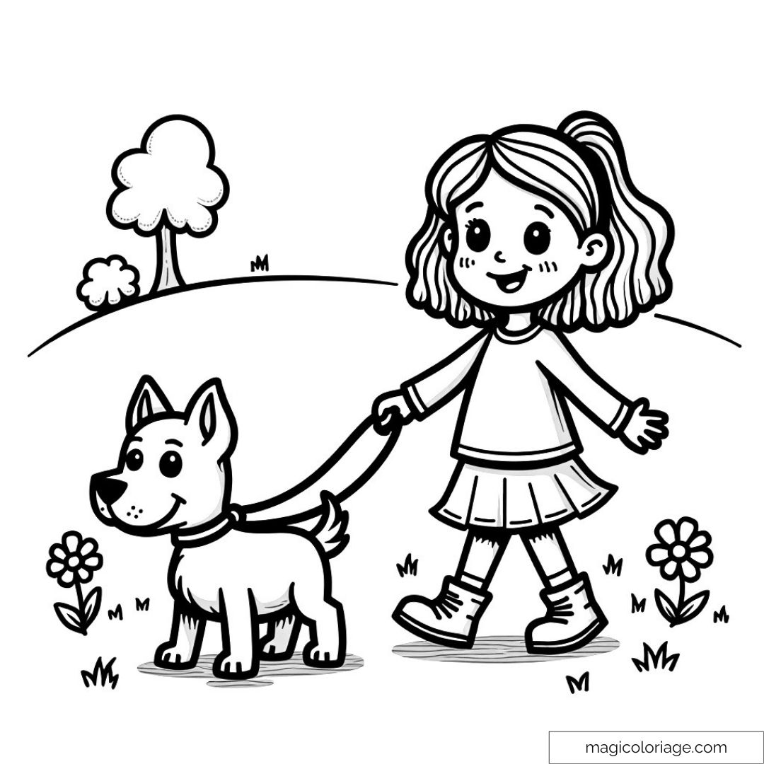 Dessin en noir et blanc d'une fille marchant avec un chien dans un parc fleuri.