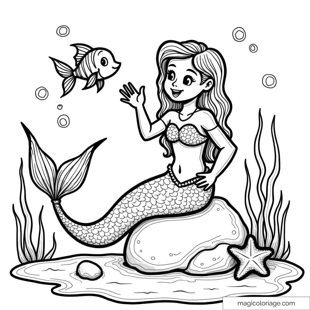 Sirène assise sur un rocher avec un poisson et des algues autour
