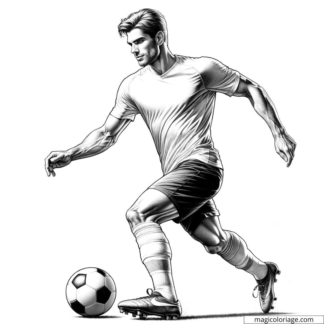 Dessin à colorier d'un personnage dribblant avec un ballon de football