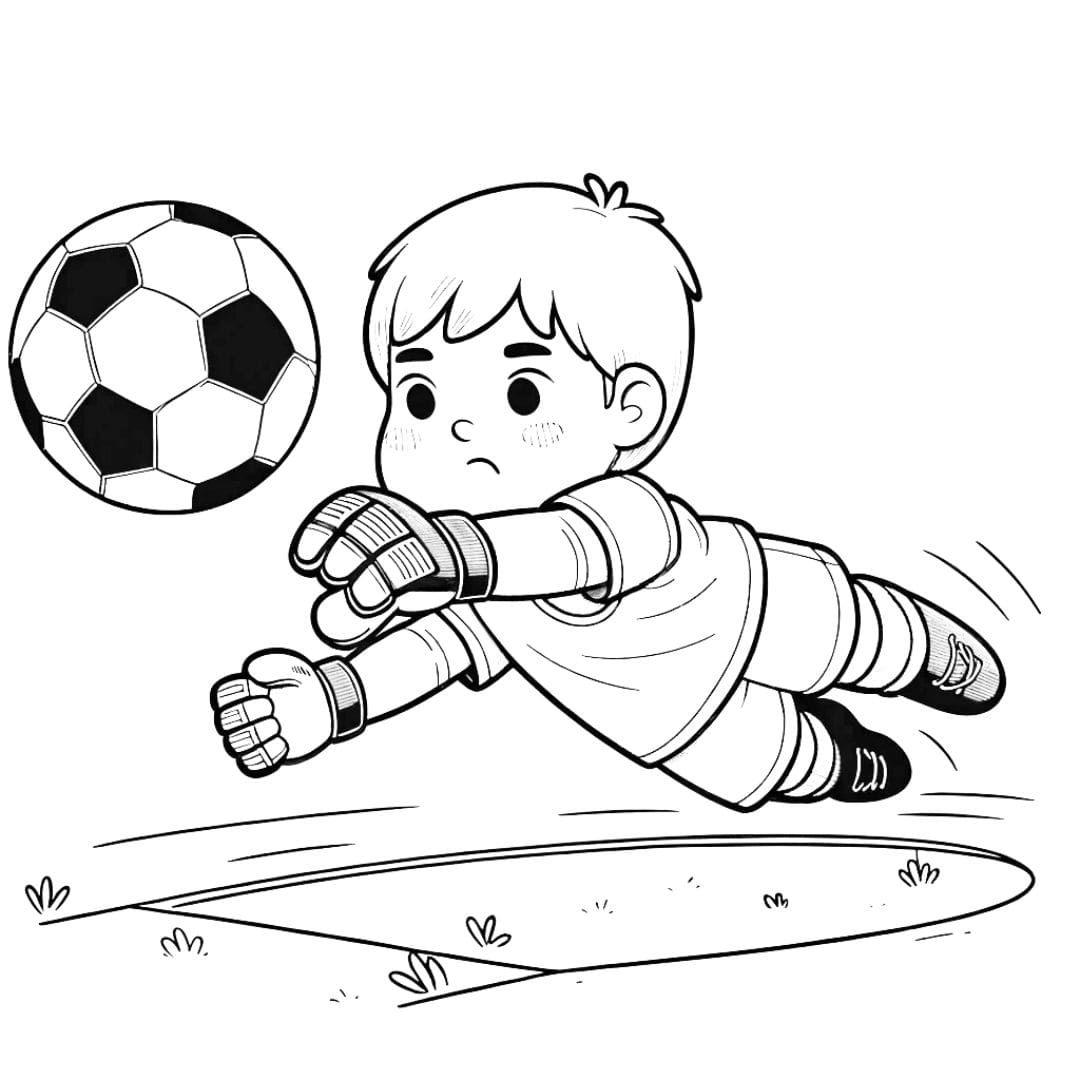 Dessin à colorier d'un jeune gardien de but en action