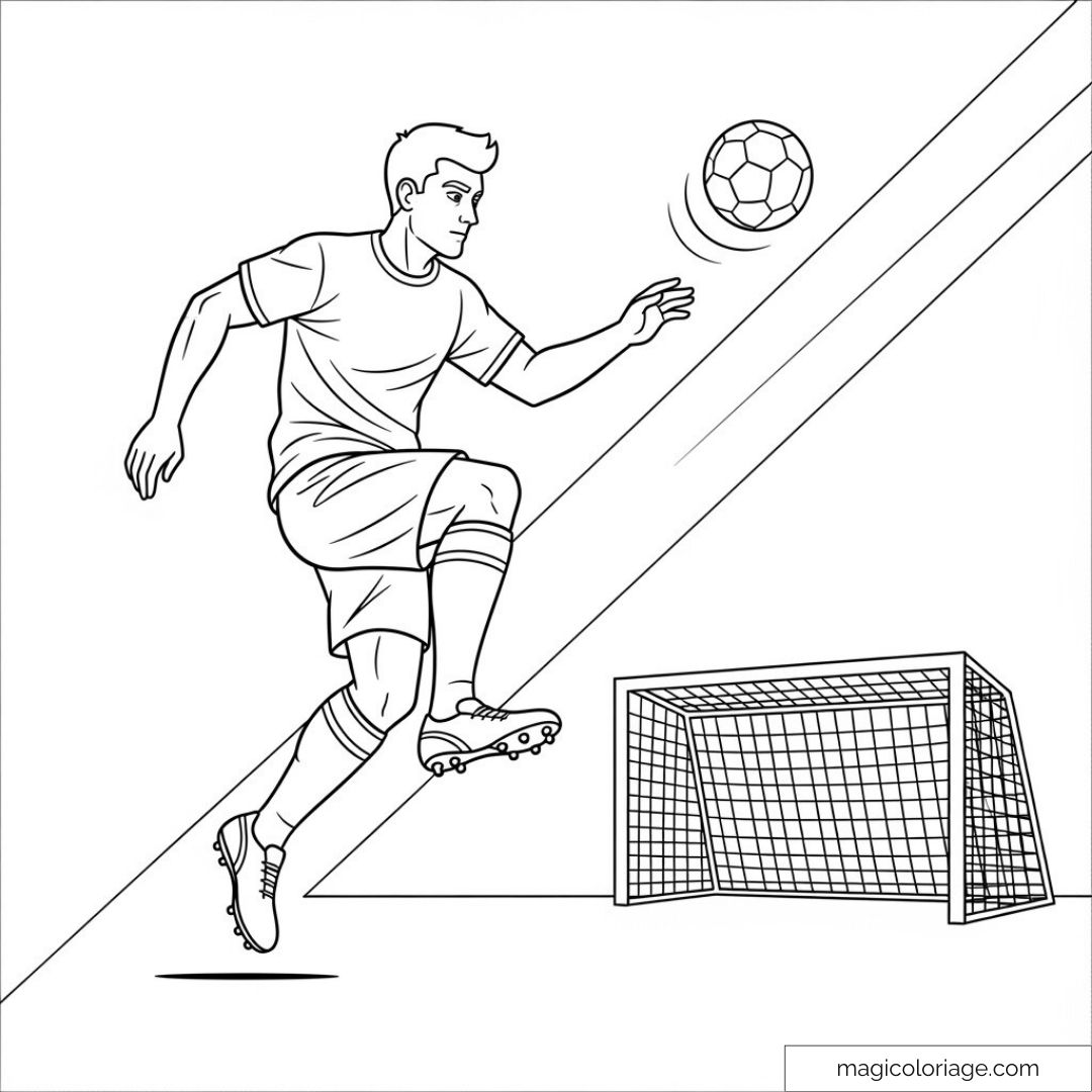 Dessin de footballeur sautant avec ballon devant un but.