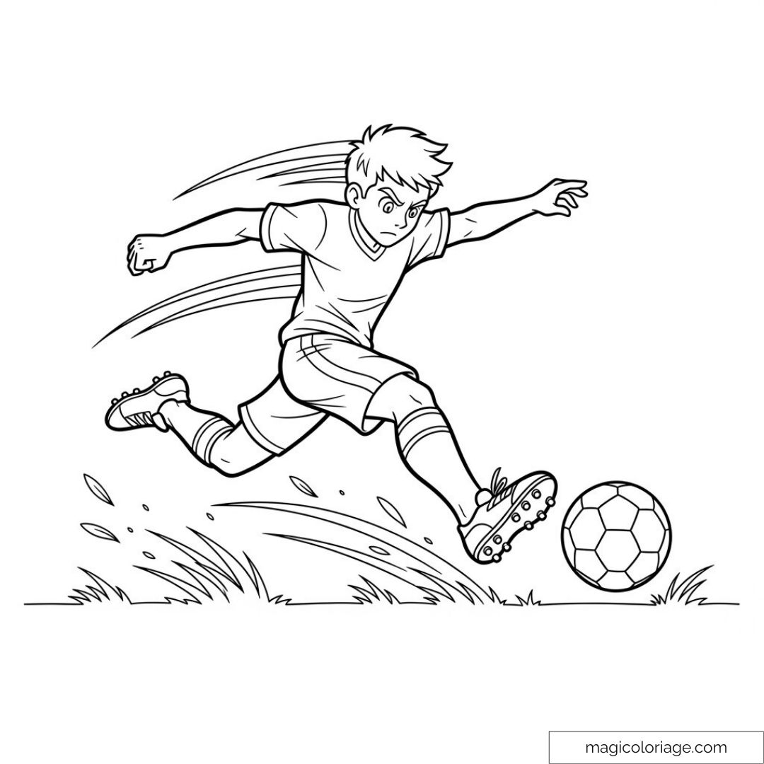 Dessin de footballeur en pleine action avec ballon et herbe.