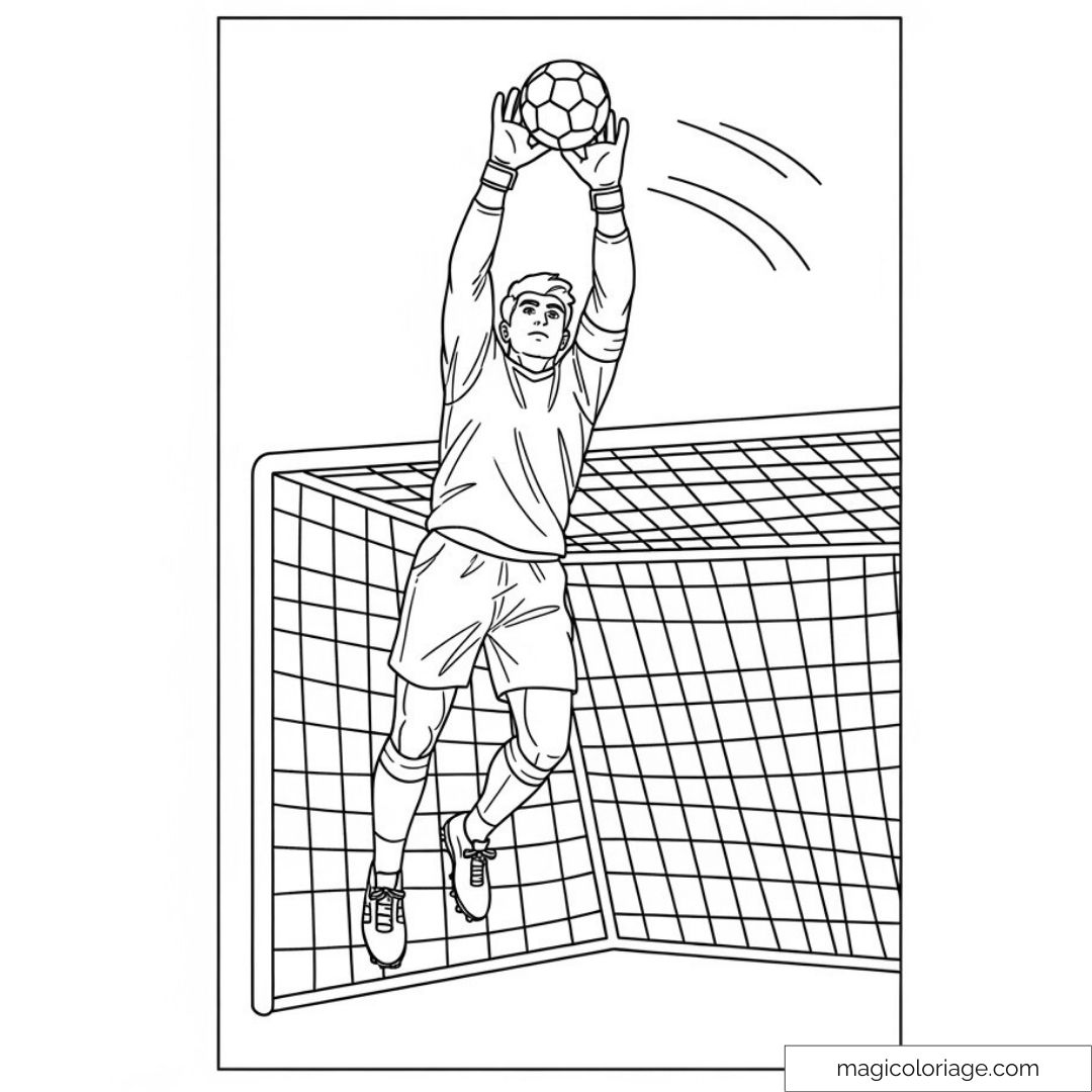 Gardien de but sautant pour attraper un ballon de football devant le filet.