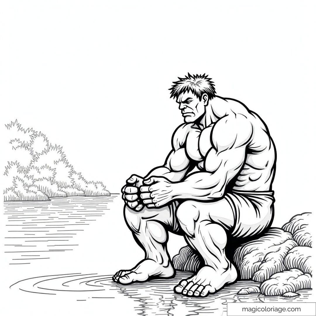 Coloriage de Hulk, pensif et assis au bord d'un lac, regardant l'eau, ses poings serrés et ses muscles tendus, dans un paysage tranquille.