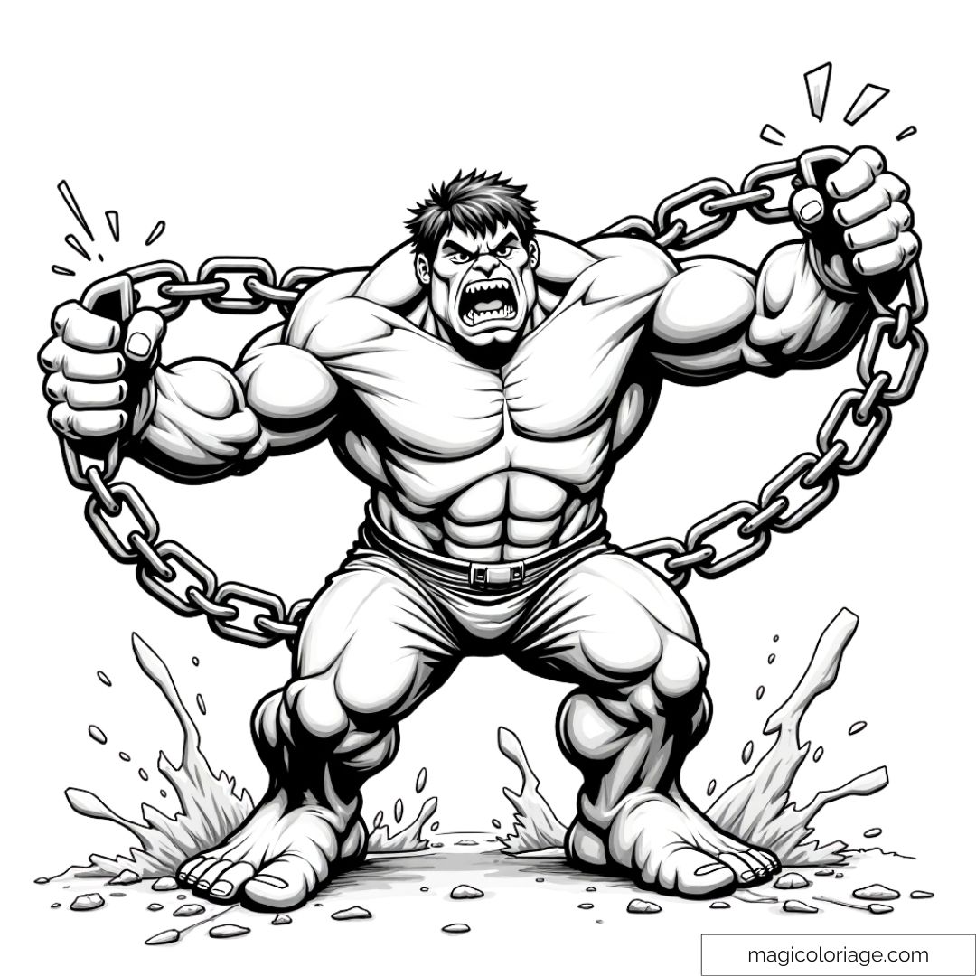 Dessin à colorier de Hulk brisant des chaînes avec sa force incroyable, une scène pleine de puissance et de rage.