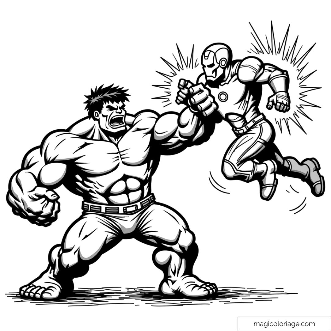 Dessin à colorier de Hulk saisissant Iron Man avec sa poigne surpuissante, lors d'un affrontement spectaculaire.