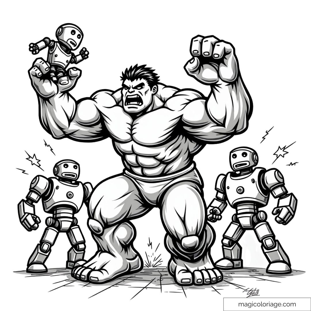 Dessin à colorier de Hulk combattant des robots, en colère, tenant un robot dans chaque main prêt à les écraser.