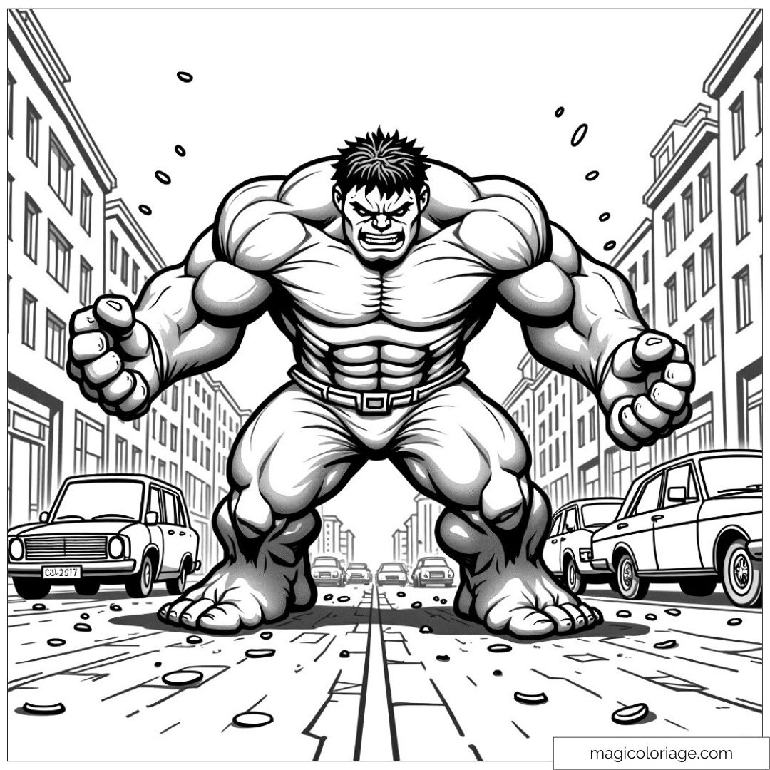 Dessin à colorier de Hulk furieux au milieu d'une rue bordée de voitures et d'immeubles, montrant sa puissance phénoménale.