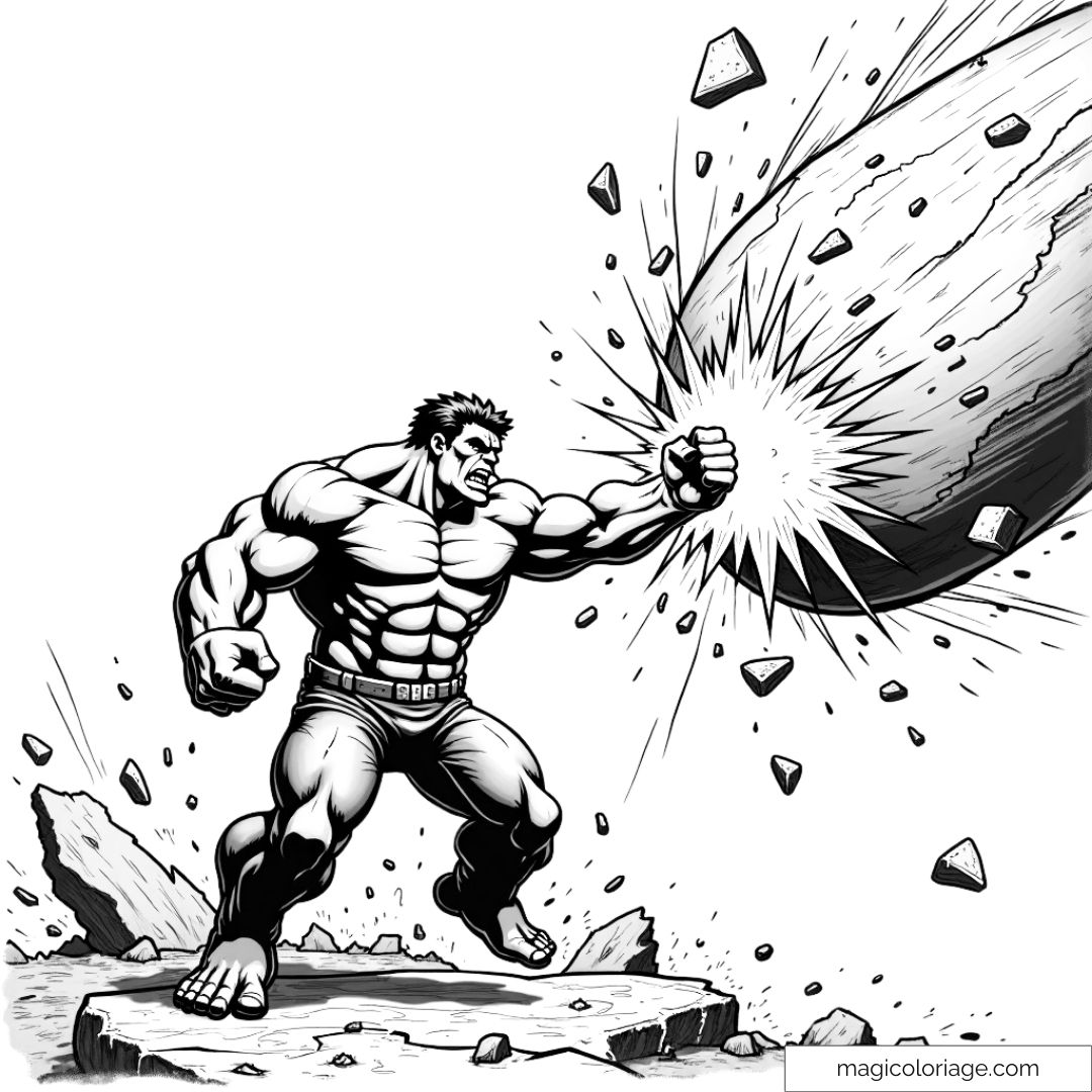 Coloriage de Hulk détruisant un énorme rocher avec son poing puissant, projetant des éclats et des pierres tout autour dans une explosion de puissance.