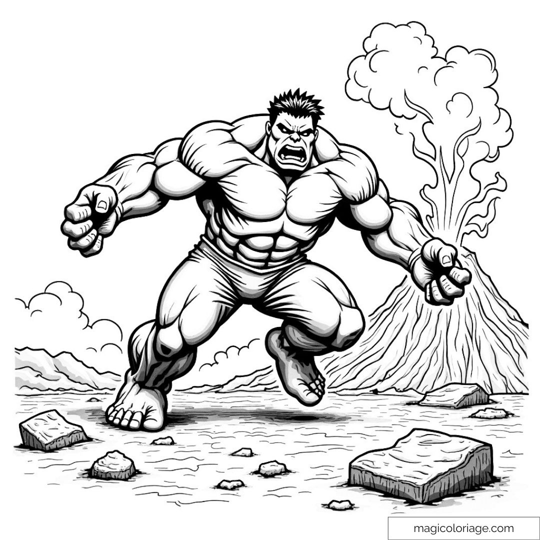 Coloriage de Hulk, enragé, avec un volcan en éruption à l’arrière-plan. Des pierres et des éclats de roche jonchent le sol tandis que Hulk marche avec détermination.