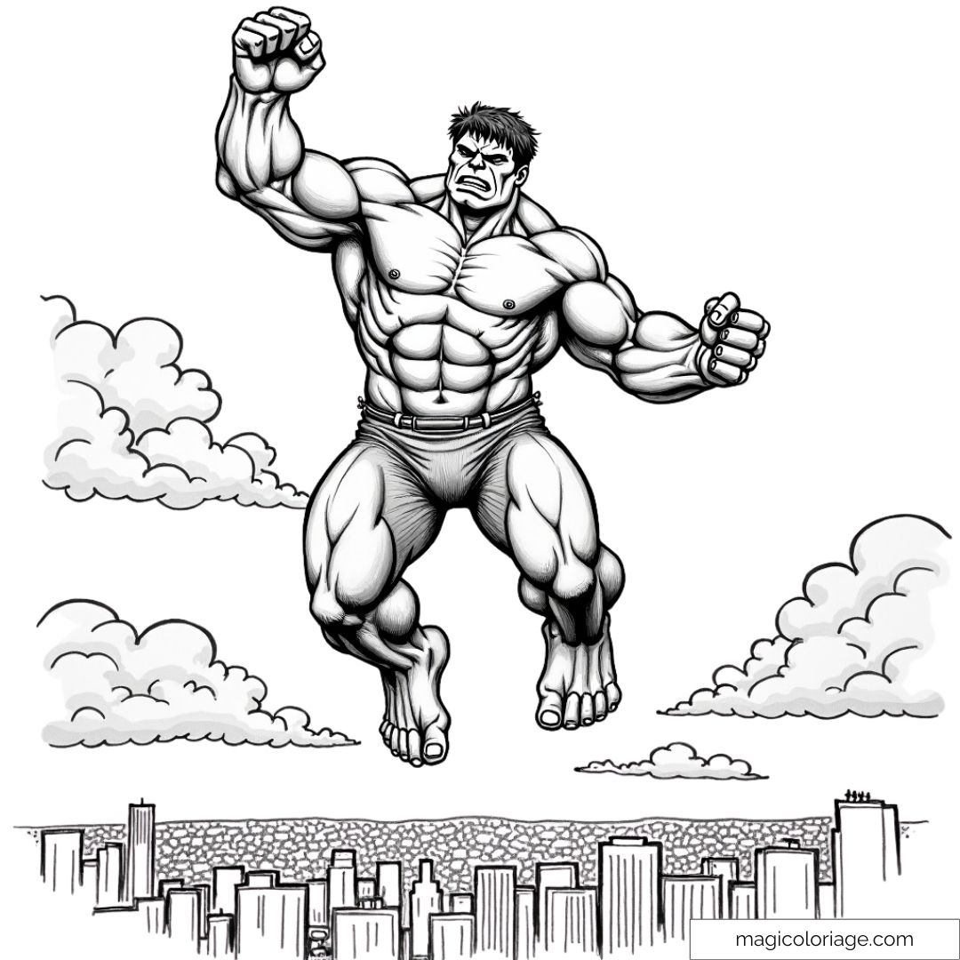 Coloriage de Hulk en train de sauter au-dessus des gratte-ciel, parfait pour un dessin à imprimer pour les amateurs de super-héros.