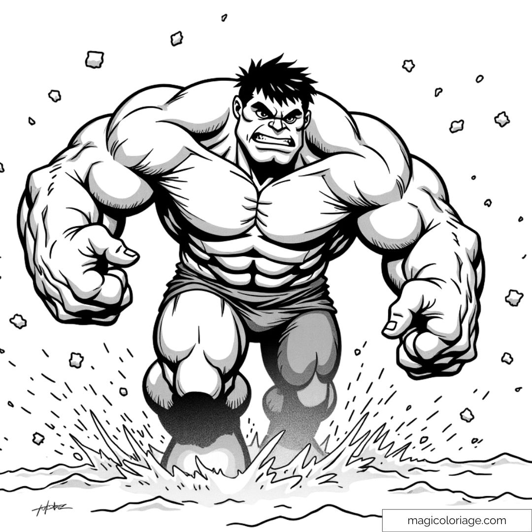 Hulk, les poings serrés et les muscles tendus, avance avec force, brisant le sol sous ses pieds avec une énergie incontrôlable dans ce coloriage