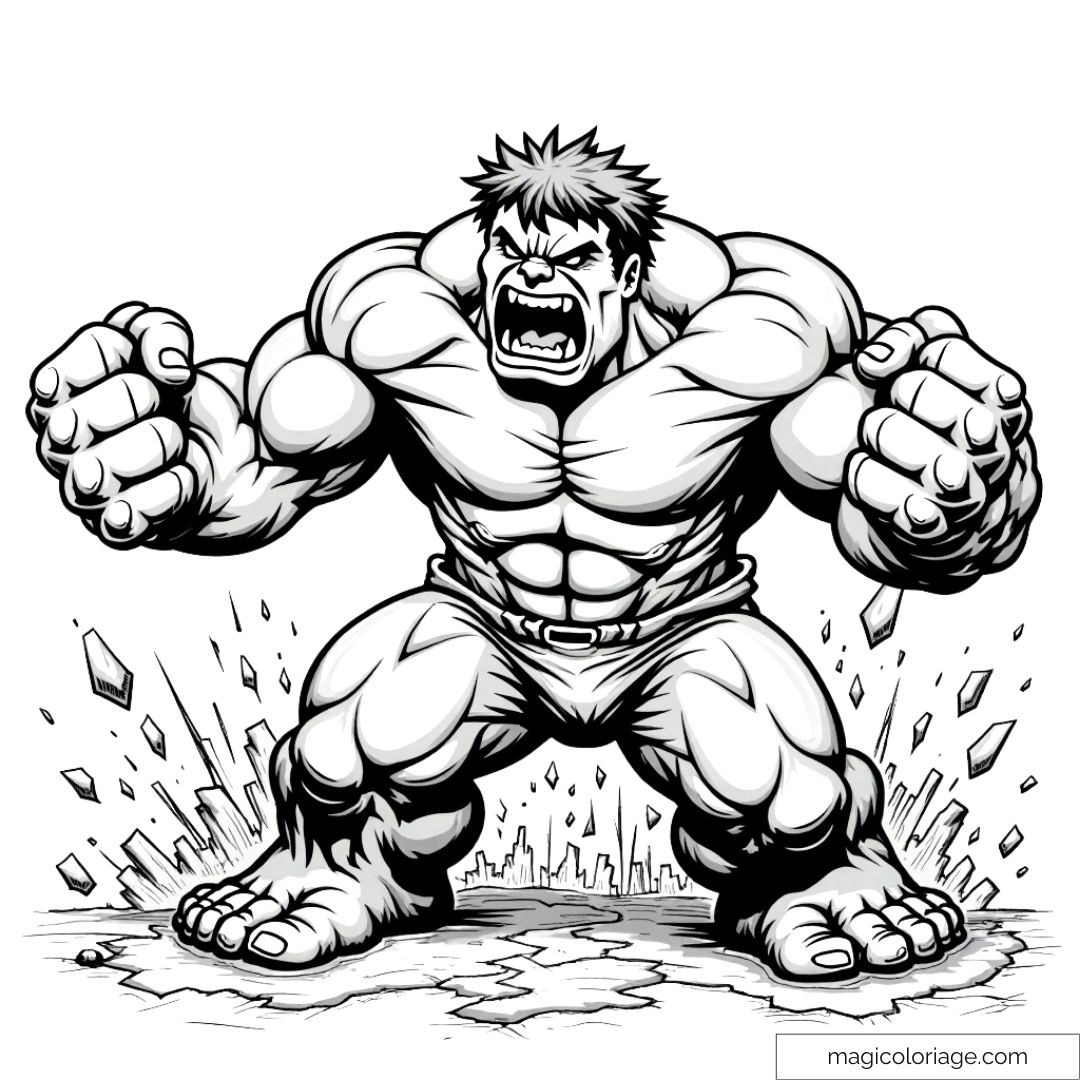Dessin à colorier de Hulk en train de frapper le sol avec ses poings serrés, des fissures apparaissant autour de lui, exprimant sa colère.