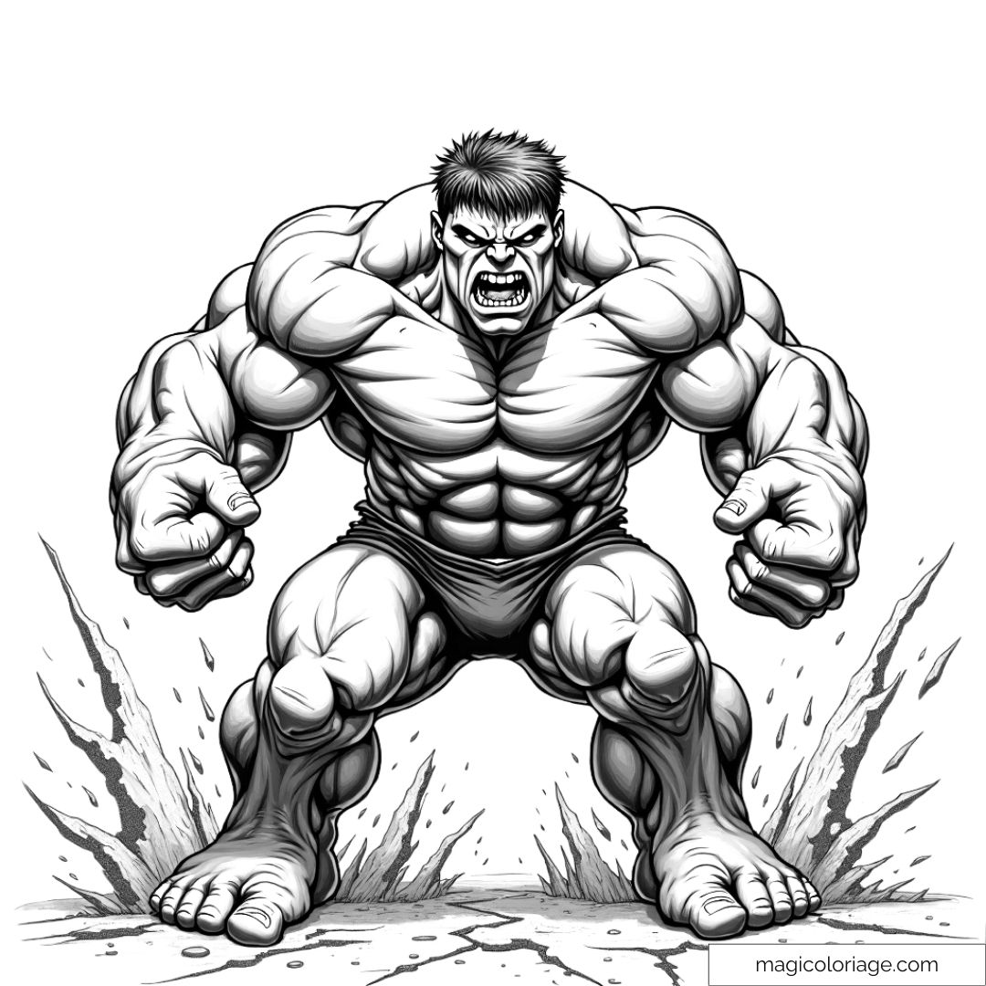 Coloriage de Hulk en pleine colère, prêt à frapper le sol avec ses muscles impressionnants, un dessin idéal à imprimer pour les amateurs de Marvel.