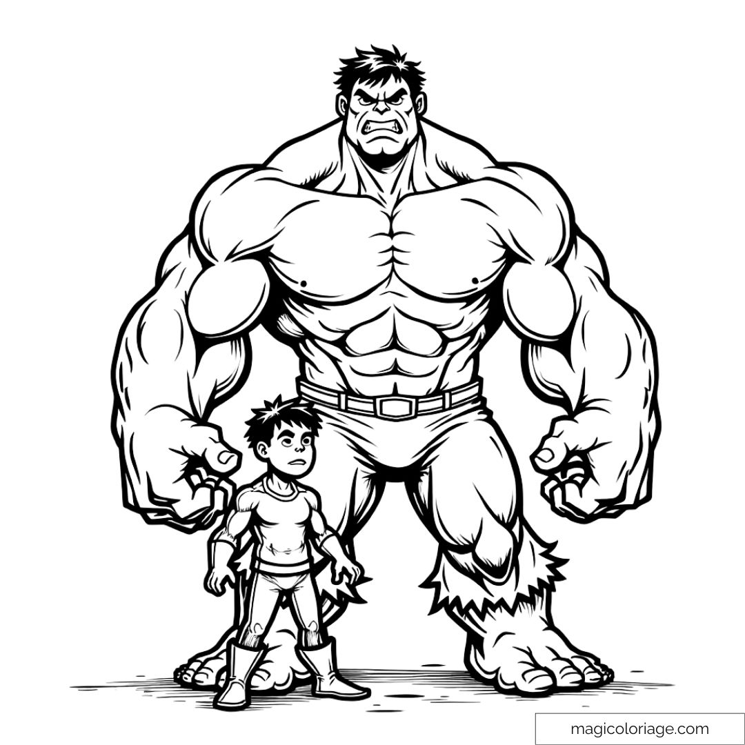 Dessin à colorier de Hulk avec un jeune héros, montrant un lien fort entre les deux personnages dans une posture héroïque.
