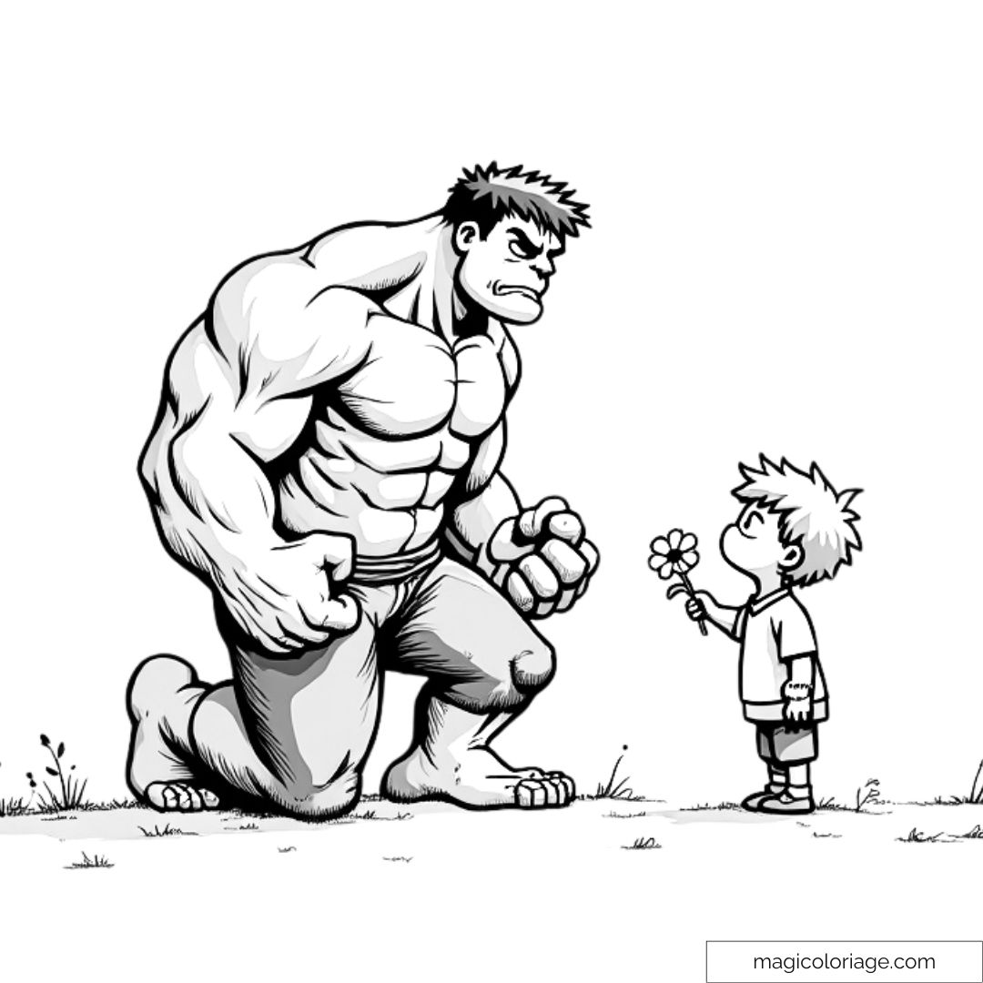 Hulk, agenouillé, regarde un enfant qui lui offre une fleur avec innocence. La force et la douceur se rencontrent dans ce coloriage unique.