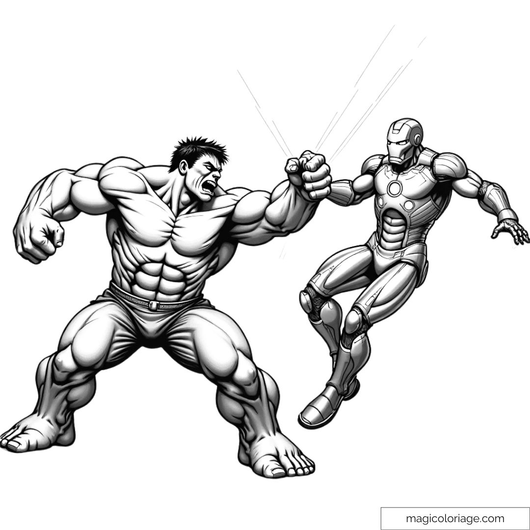 Coloriage d’un combat intense entre Hulk et Iron Man dans une rue de la ville, avec Hulk prêt à frapper et Iron Man utilisant son armure pour se défendre.