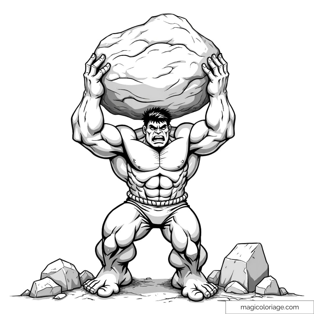 Coloriage de Hulk, en pleine démonstration de force, soulève un énorme rocher, ses muscles tendus et son visage concentré sous l’effort.