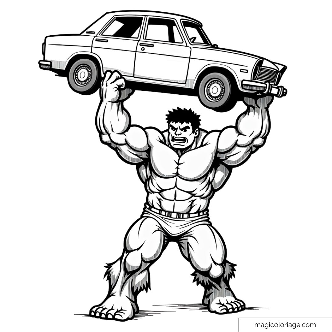 Dessin à colorier de Hulk portant une voiture au-dessus de sa tête, montrant son immense puissance dans un moment de colère.