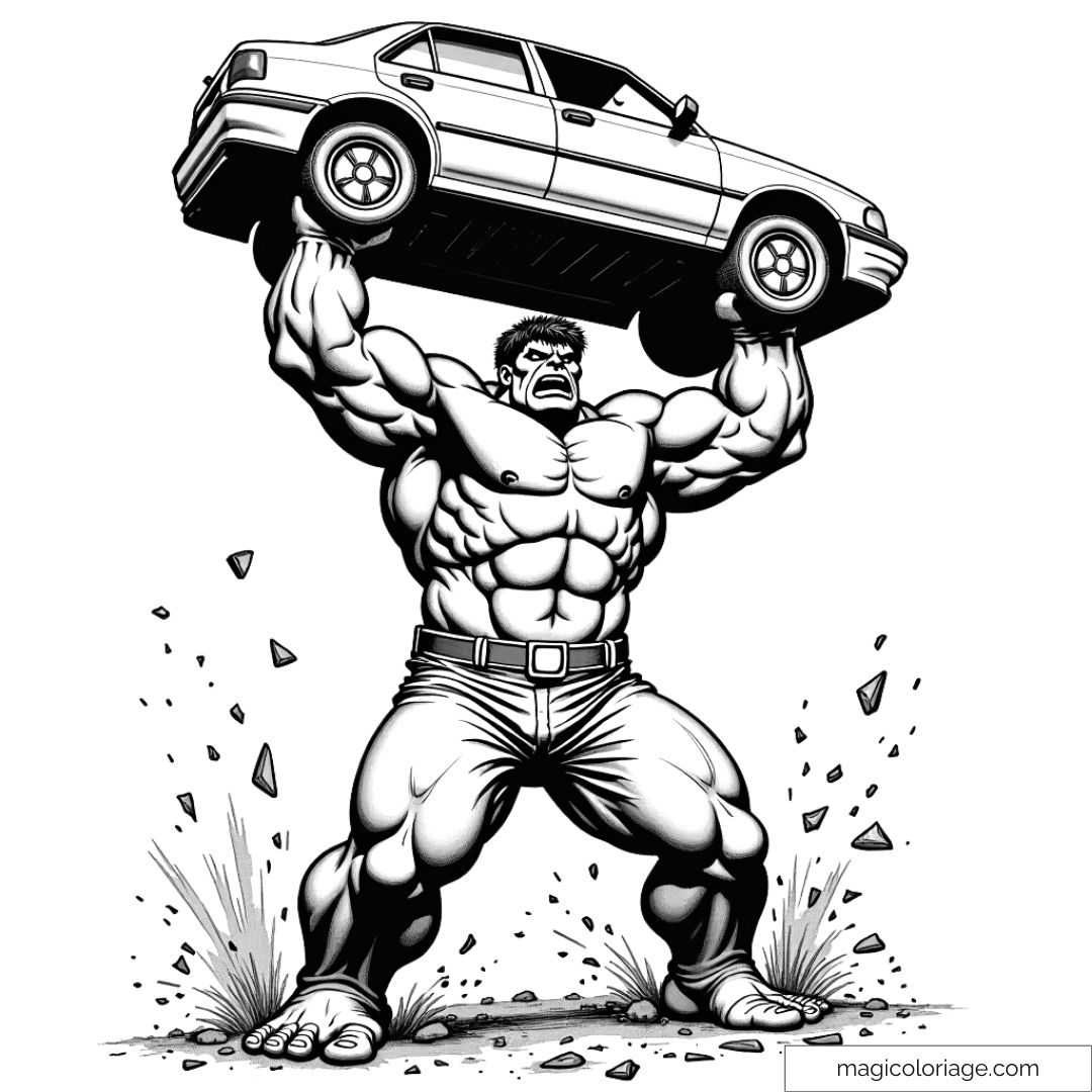 Coloriage de Hulk soulevant une voiture dans les airs avec ses muscles impressionnants. Dessin idéal pour les fans de super-héros et d’action.