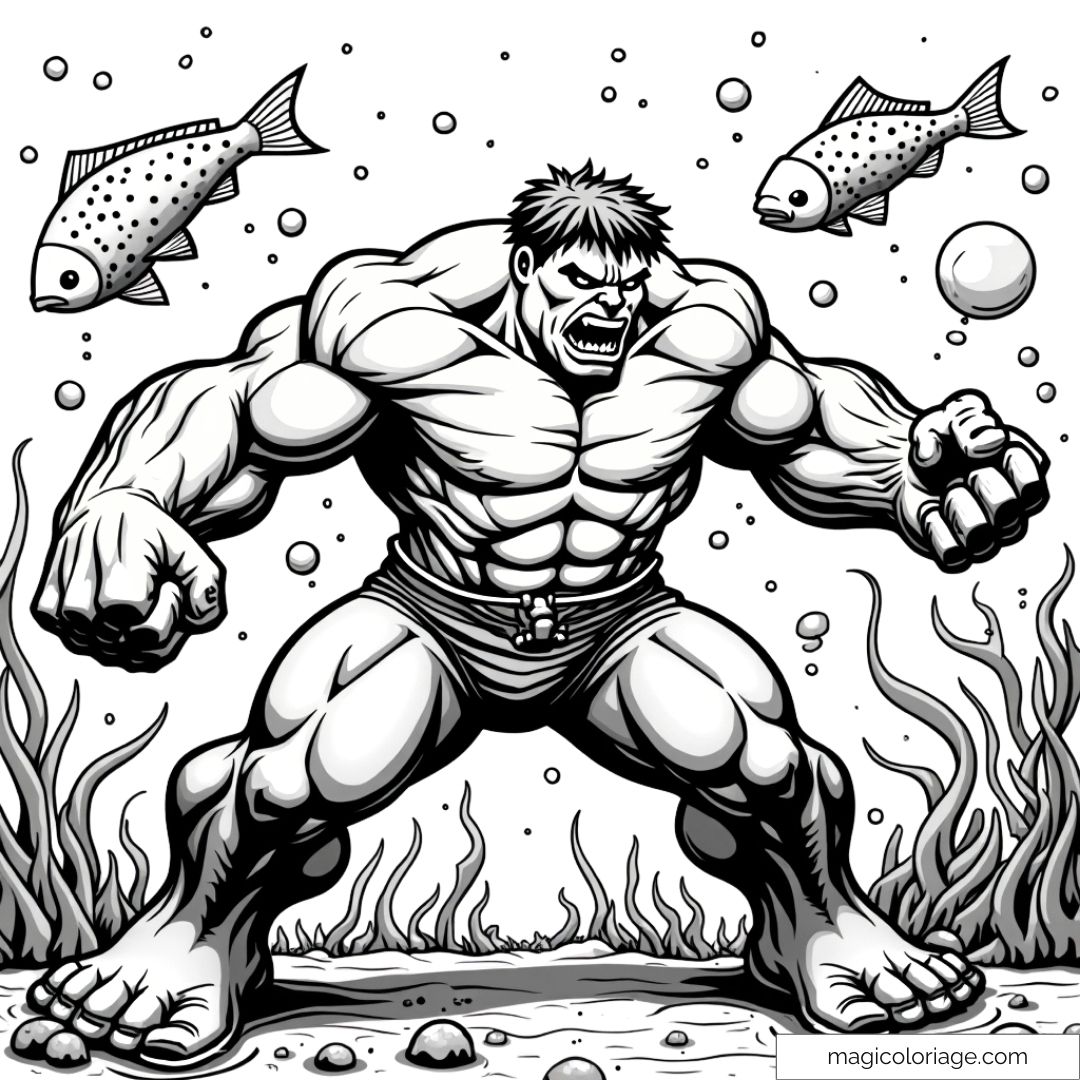Coloriage de Hulk en colère, immergé sous l'eau, entouré de poissons et de bulles dans un environnement aquatique.