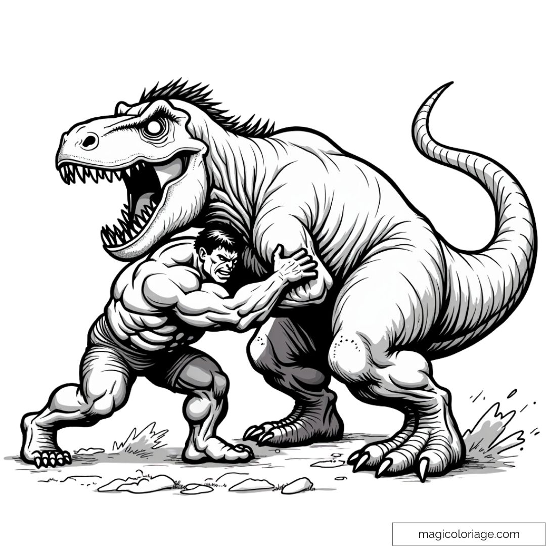 Dessin à colorier de Hulk luttant contre un gigantesque dinosaure, illustrant un combat titanesque entre deux forces de la nature.