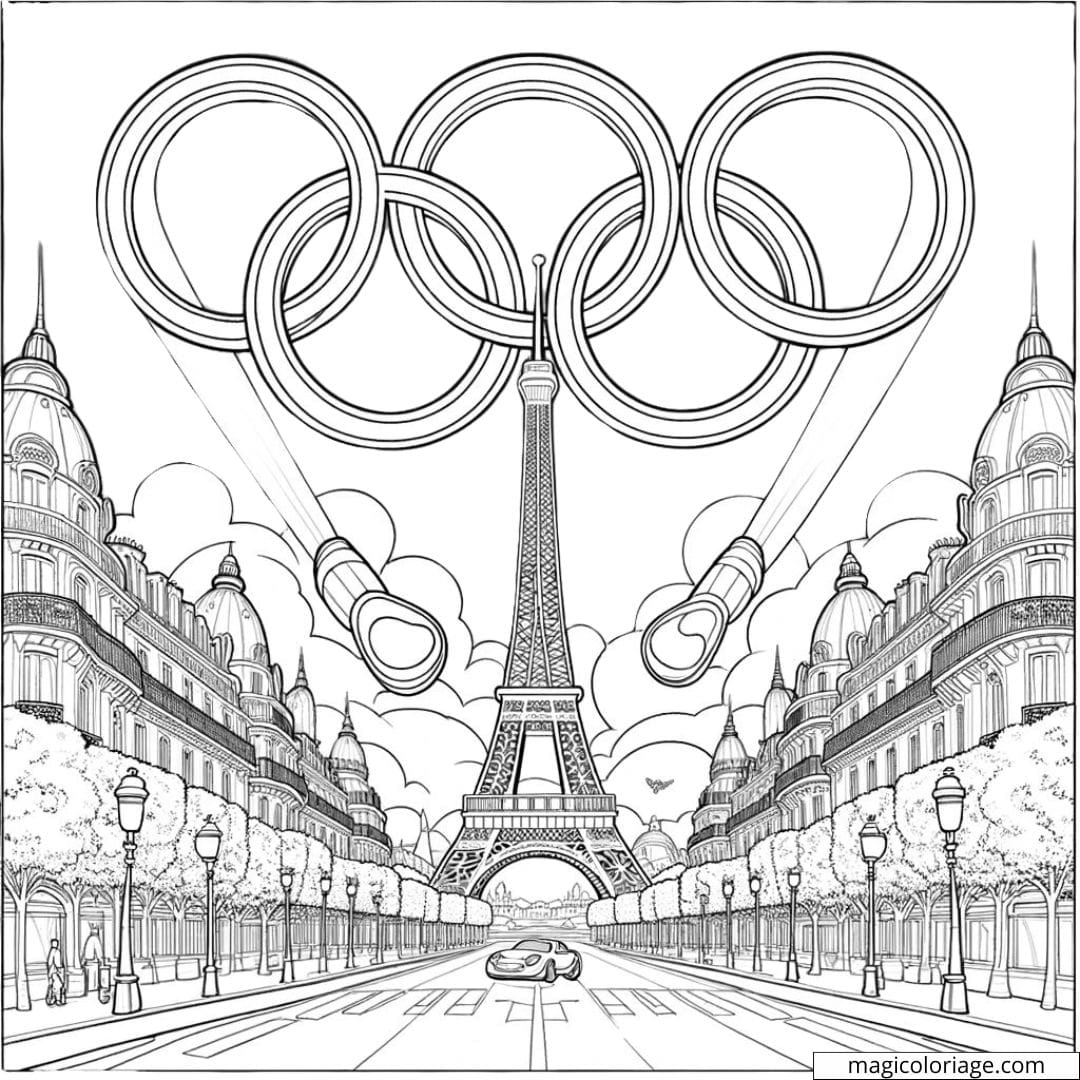 Dessin à colorier des anneaux olympiques au-dessus de Paris pour les JO 2024