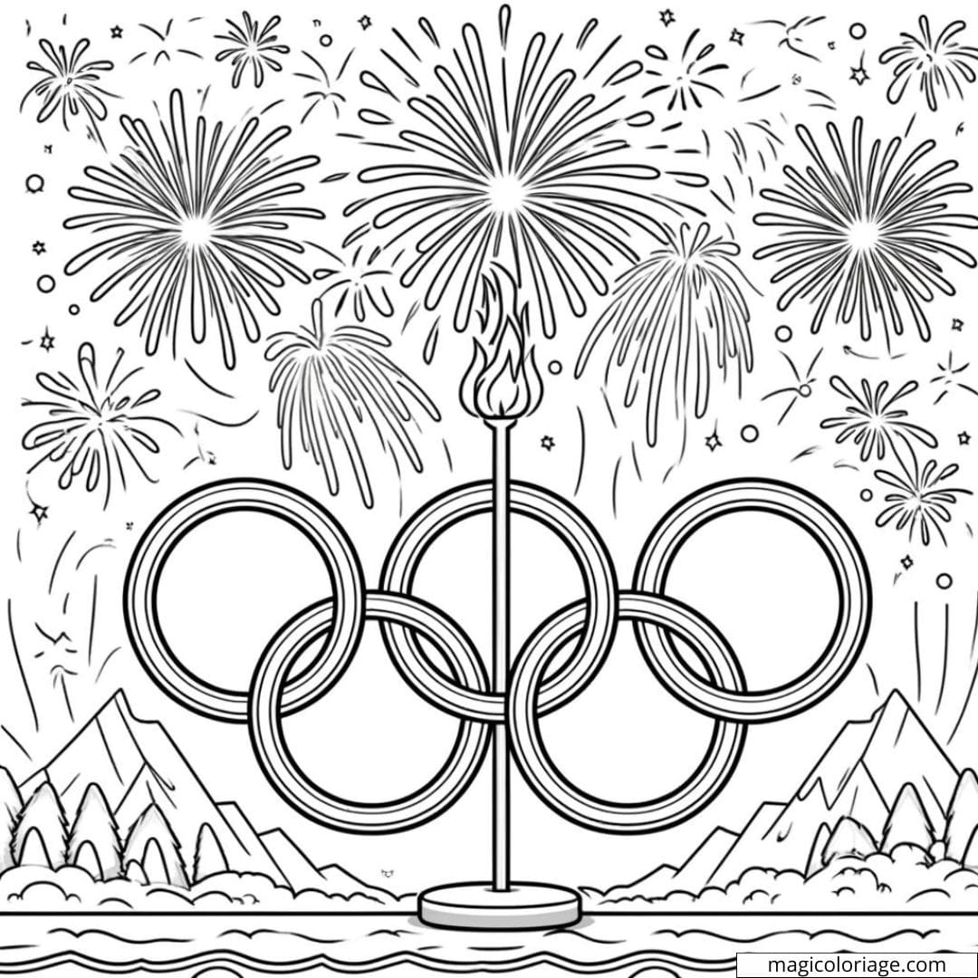 Dessin à colorier des anneaux olympiques avec des feux d'artifice pour les JO 2024 à Paris