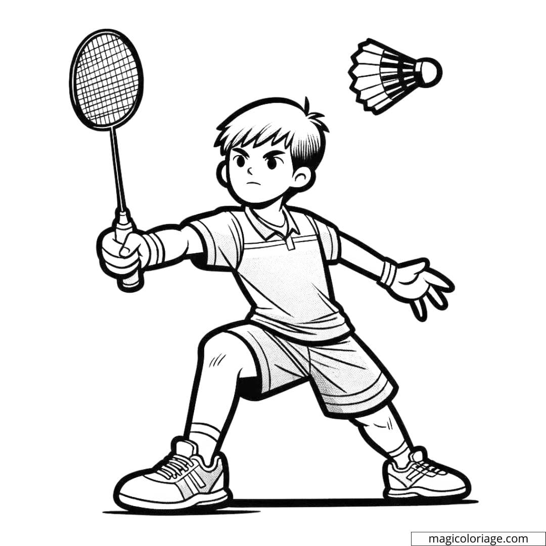 Coloriage d'un joueur de badminton frappant le volant