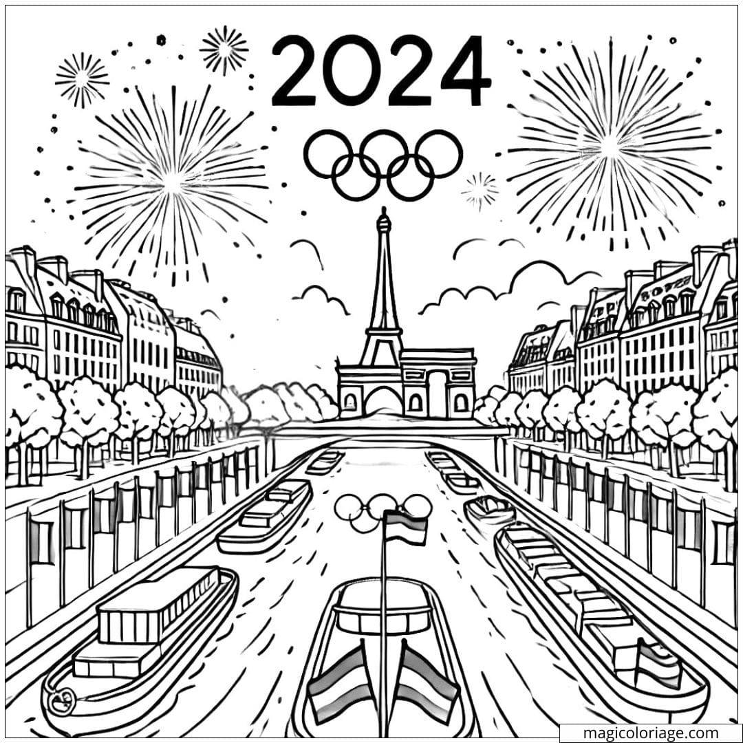 Dessin à colorier de la cérémonie d'ouverture des JO 2024 sur la Seine, idéal pour les jeunes artistes.