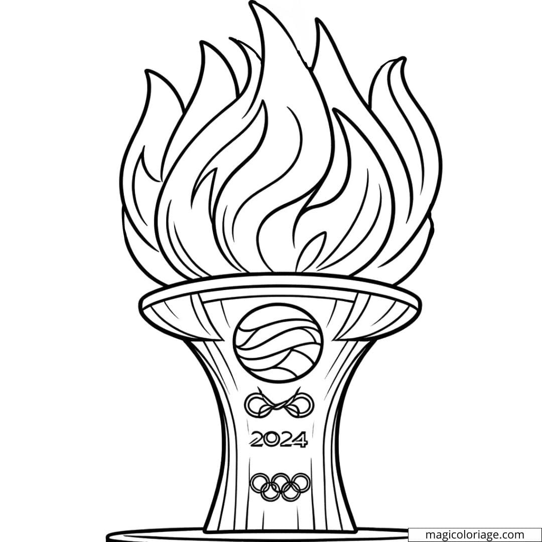 Dessin à colorier de la flamme olympique avec le logo des JO 2024 à Paris