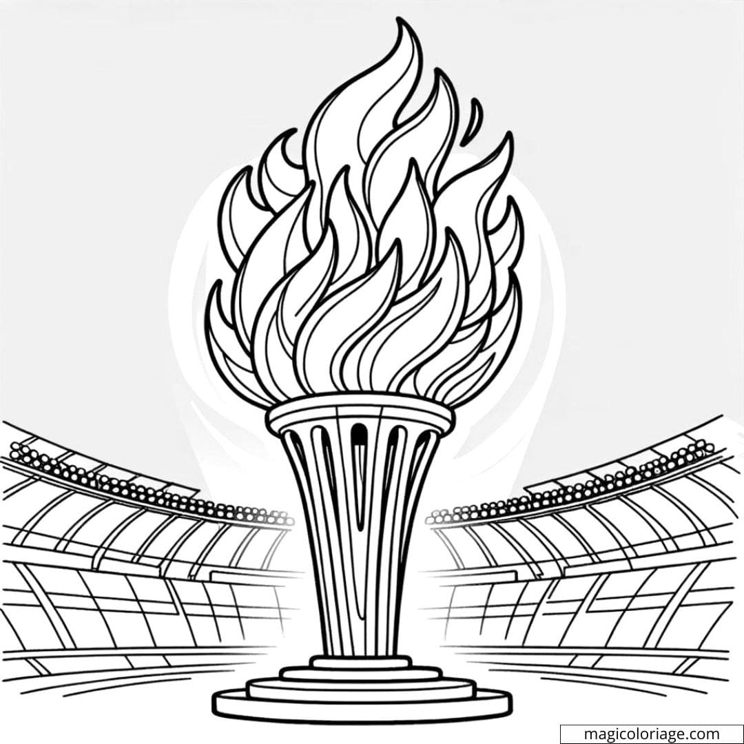 Dessin à colorier de la flamme olympique sur un stade pour les JO 2024 à Paris