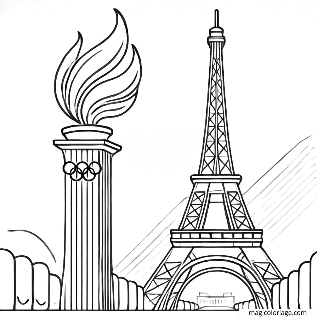 Dessin à colorier de la flamme olympique devant la Tour Eiffel, parfait pour les enfants et les fans des JO 2024.