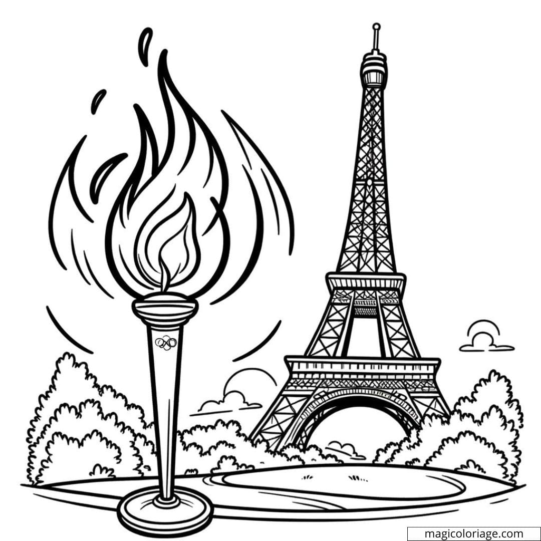 Dessin à colorier de la flamme olympique devant la Tour Eiffel pour les JO 2024
