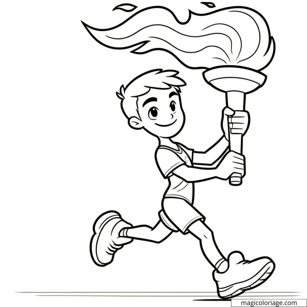 Dessin à colorier d'un coureur portant la flamme olympique des JO 2024 à Paris