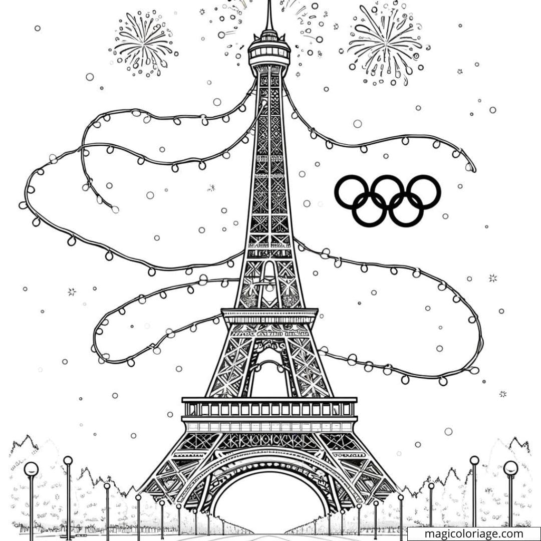 Dessin à colorier de la Tour Eiffel avec des lumières olympiques pour les JO 2024 à Paris