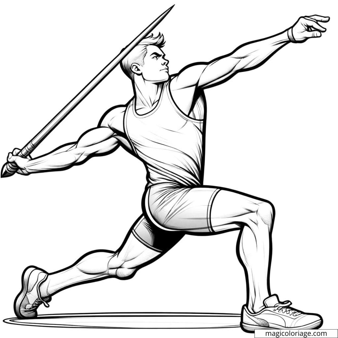 Coloriage d'un athlète de lancer de javelot, prêt à lancer