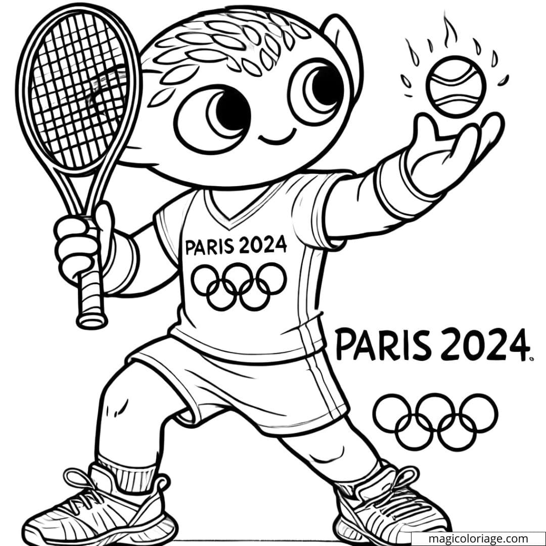 Coloriage d'une mascotte avec une raquette de tennis, dessin à colorier pour enfants
