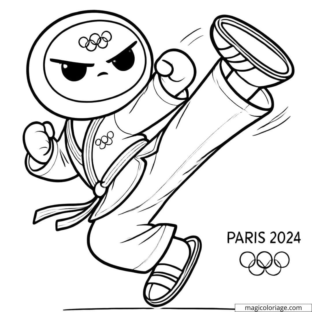 Coloriage de mascotte en train de faire du karaté à imprimer, dessin à colorier pour enfants